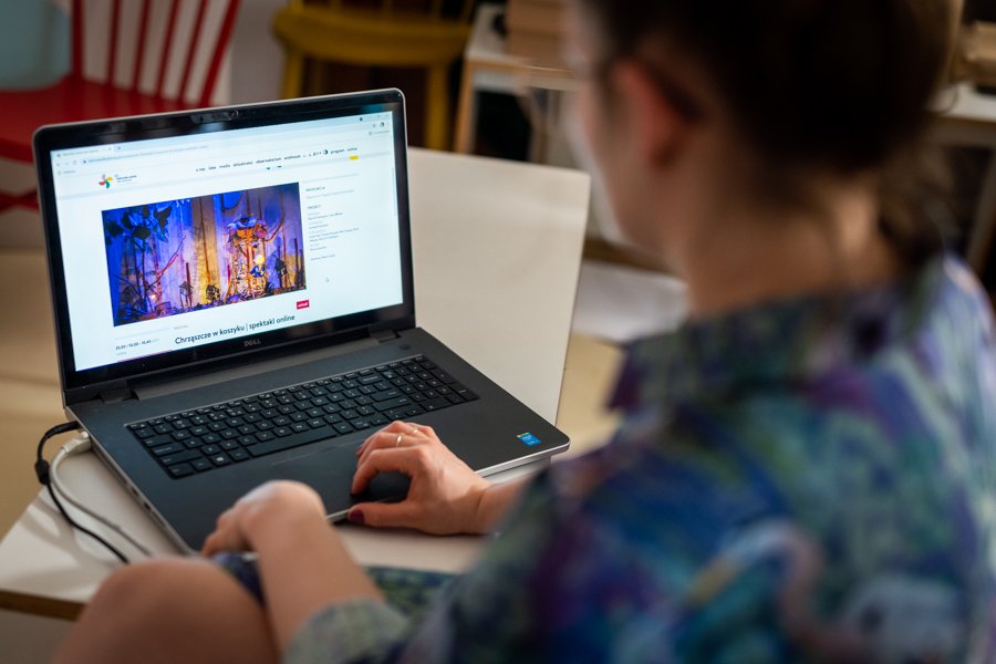 Kobieta siedzi przy laptopie, ogląda jakąś stronę. Widać jej plecy i ekran laptopa.