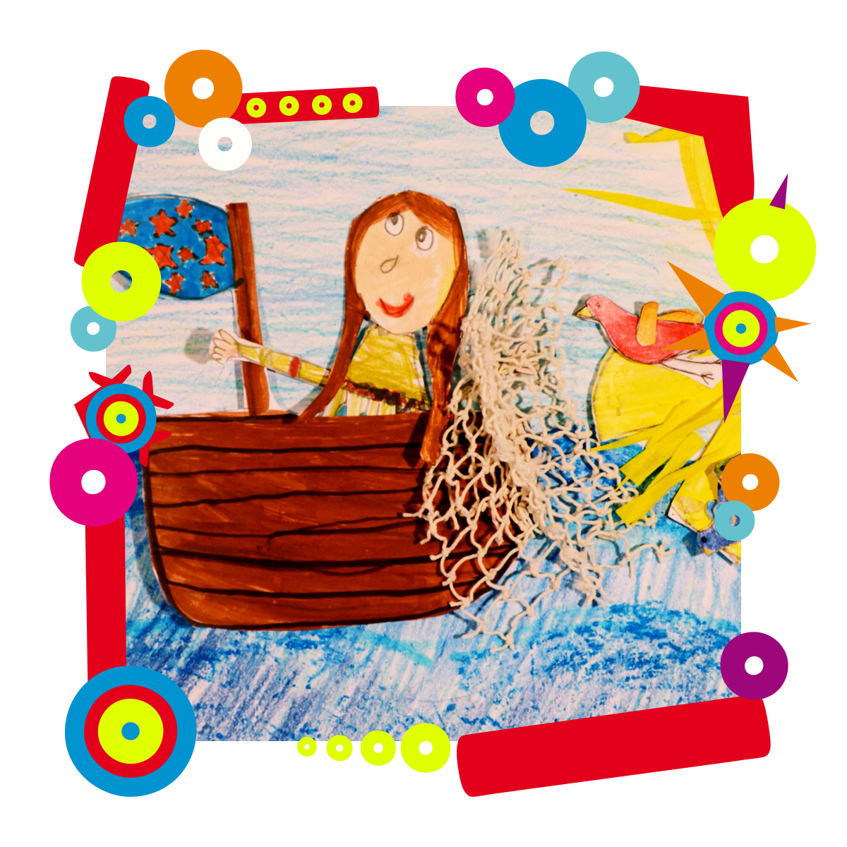 Na zdjęciu kolaż przedstawiający dziewczynkę w łodzi. Obok niej ciągnie się rybacka sieć. Świeci słońce. Dookoła zdjęcia kolorowa ramka.