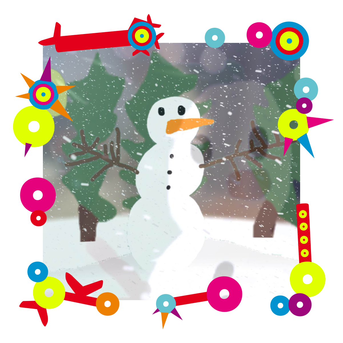 Grafika przedstawiająca bałwana. Za nim drzewa. Pada śnieg. Dookoła grafiki kolorowa ramka.