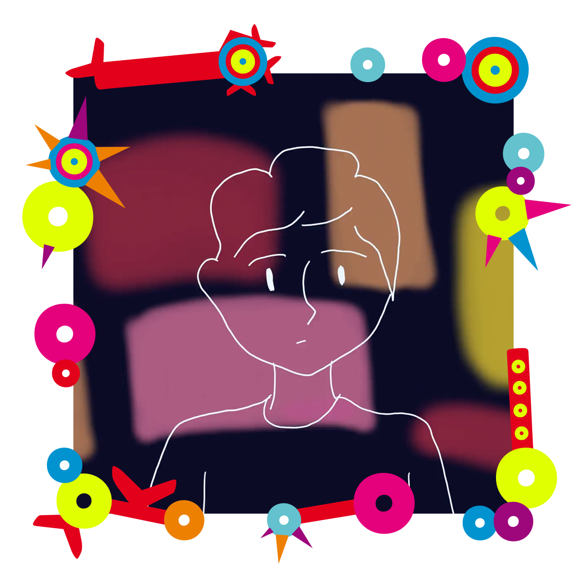 Grafika przedstawiająca szkic osoby z krótkimi włosami. Za nią kolorowe prostokąty.  Dookoła grafiki ramka.