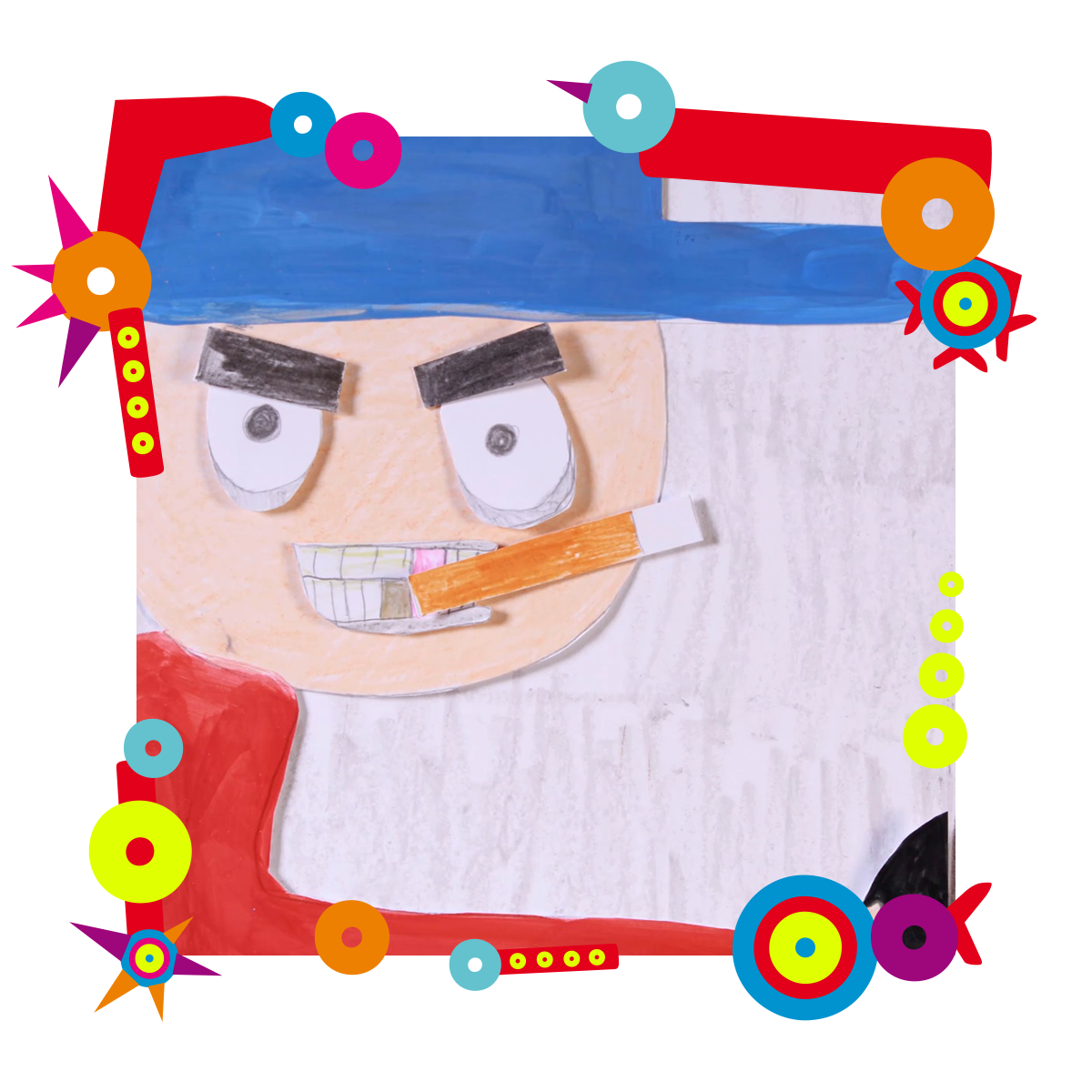 Obrazek stworzony z wyciętych papierowych elementów. Przedstawia postać z papierosem w ustach, czapce z daszkiem na głowie. Ma twarz wykrzywioną w złości. Dookoła obrazka kolorowa ramka.