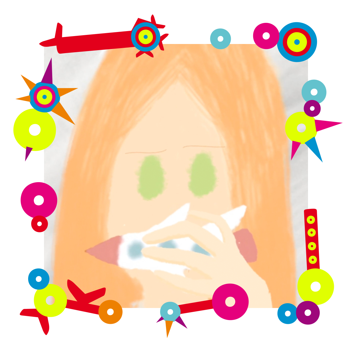 Rysunek przedstawiający dziewczynkę bawiącą się samolotem. Dookoła rysunku kolorowa ramka.