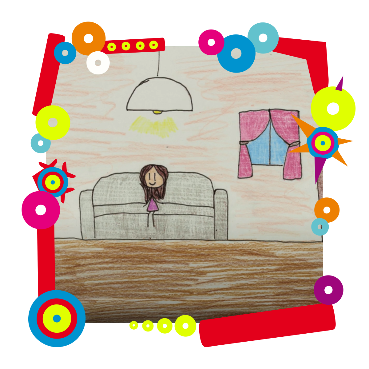 Rysunek przedstawiający dziewczynkę siedzącą na kanapie w pokoju. Dookoła rysunku kolorowa ramka.