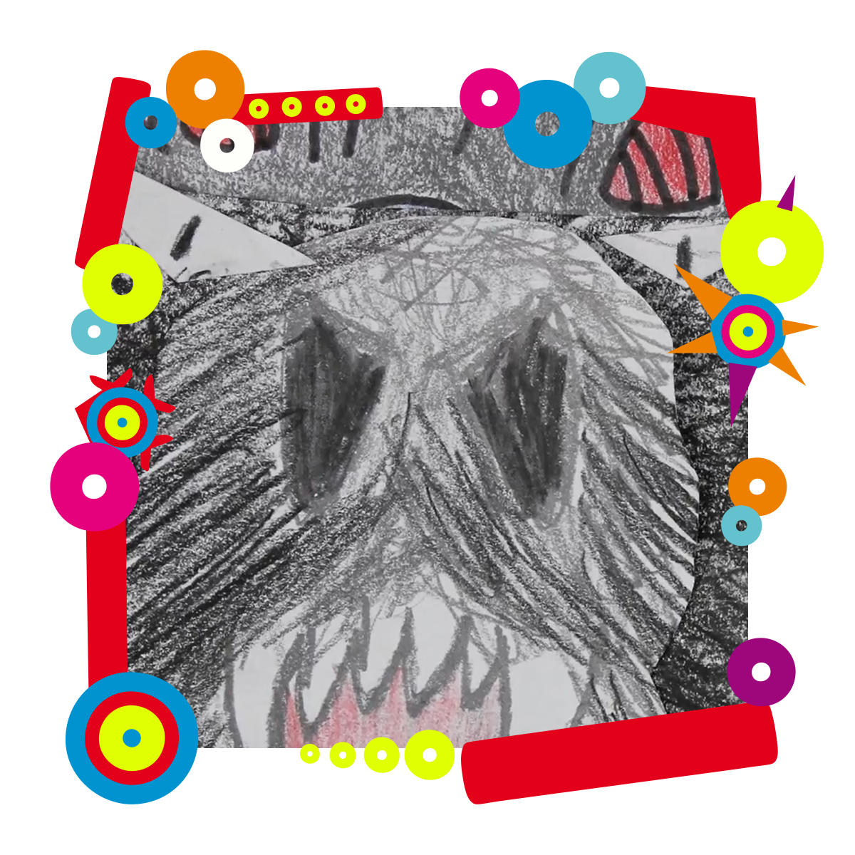 Kolaż zrobiony z wycinanek. Przedstawia głowę wilka, który wystawia zęby. Dookoła zdjęcia kolorowa grafika.