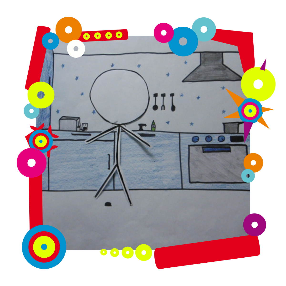 Na zdjęciu kolaż zrobiony z wyciętego papieru. Przedstawia osobę stojącą w kuchni. Dookoła zdjęcia kolorowa ramka.